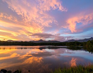 Fototapeta premium Serene lake reflecting vibrant sunset hues over a mountain range