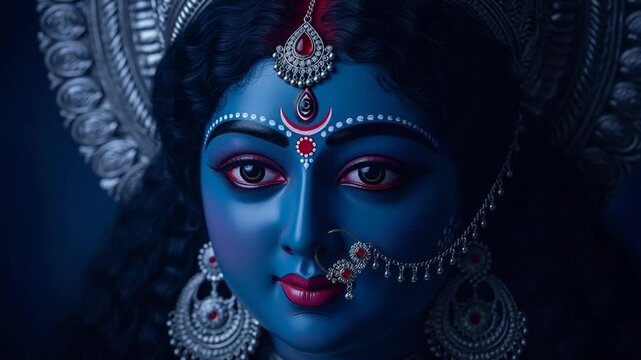 Artistic Portrait of a Blue Skinned Goddess with Traditional Jewelry and Face Paint in a Dark Moody Tone with Silver Ornaments Close Up