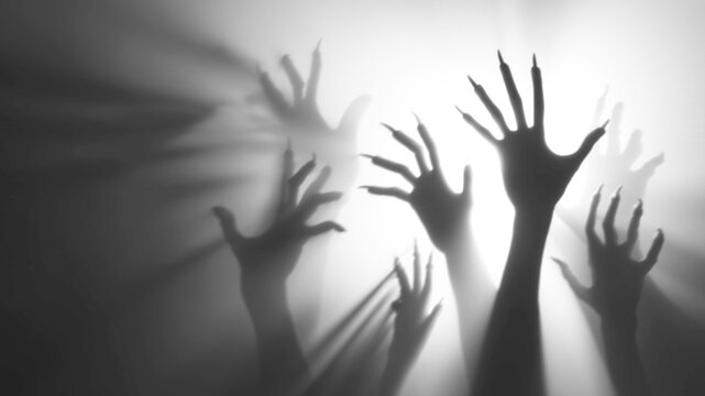 Shadow overlay effect for halloween background with Terrifying scary hands with long nails,Creepy monster claw,silhouette of hands,zombie hand rising out of a graveyard