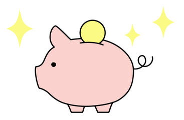 横向きでコイン付きのシンプルな豚の貯金箱を描いた線画ベクターイラスト