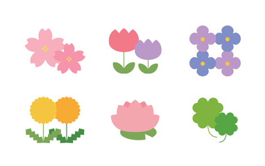 A cute set of flower icons. Featuring cherry blossoms, tulips, clovers, lotuses, hydrangeas, and other colorful blossoms. Perfect for spring, nature, gardens, and floral design themes.