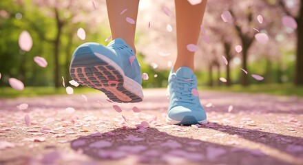 A person's feet in light blue running shoes, walking through a park with falling cherry blossoms.