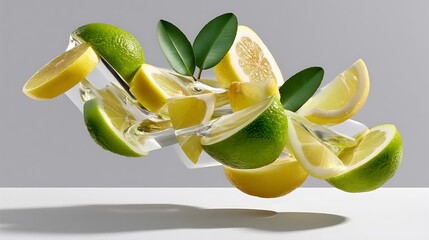 a photograph captures a variety of citrus fruits sliced and arranged with a clear, angular platform against a subdued background