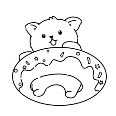 Playful cartoon cat inside  frosted donut float with sprinkles. Cute kawaii dessert animal illustration perfect for stickers and fun designs. Cartoon cat line art outline illustration.