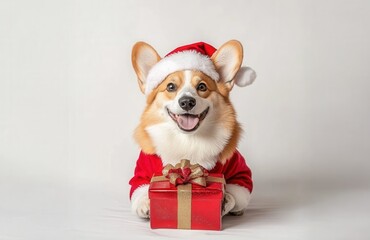 Adorable corgi dog wearing Winter santa claus costume lying on snow with christmas holiday spirit present, festive