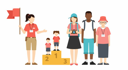 Diverse group of tourists with tour guide, children on podium, and travelers.