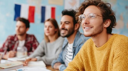 Group of international students engaged in a cheerful language conversation class, sitting around a table with American and French flags, enjoying multicultural learning in a modern classroom.