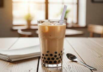 Iced Bubble Tea with Tapioca Pearls in a Glass with Ice and Straws