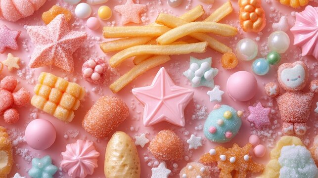 Sweet and salty treats, colorful candy, and crunchy fries on a pink background