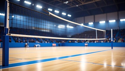 Indoor volleyball court with a wooden floor, marked game lines, and a central net supported by black poles