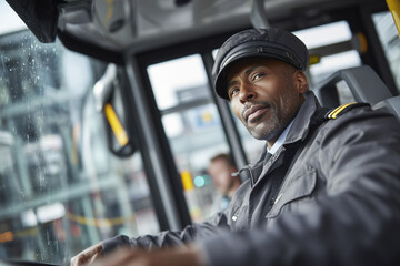 Bus driver operating a city bus in urban setting during day