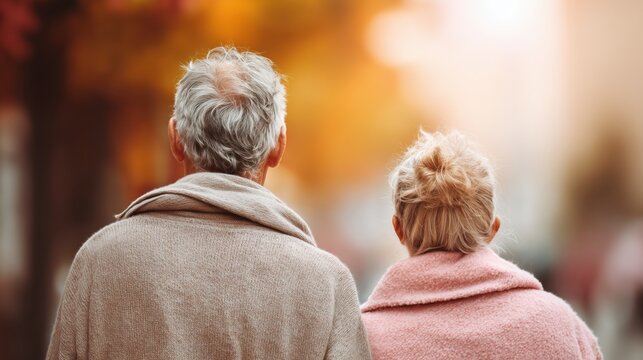 Back view of elderly couple walking arm in arm on a misty autumn path. Warm soft tones and blurred background create a peaceful, emotional scene of love, care, and togetherness.