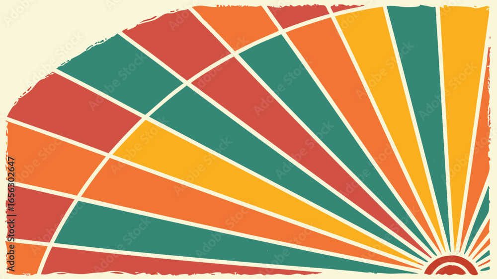 Poster retro style sunburst pattern with radial lines and colorful segments creating a vintage design effec