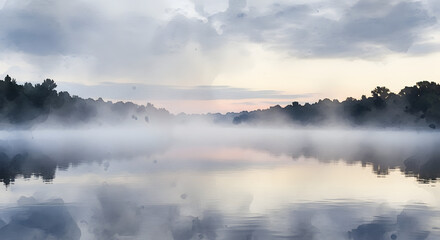 Fototapeta premium Misty river landscape at sunrise with fog rolling over the water and trees reflected