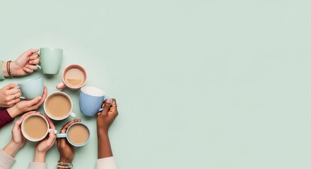 Diverse group of friends holding coffee cups together on a light green table, symbolizing friendship and togetherness in a cozy and inviting atmosphere.
