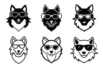 set of black and white cartoon dog heads wearing sunglasses and headphones wolf animal