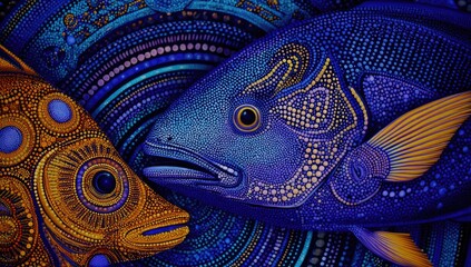 Close-up of two stylized fish, deep blues, oranges, and golds, intricate dot patterns, abstract, swirling background