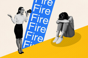 Image pop 3d zine collage of angry girl scream megaphone fired employee cut staff termination...