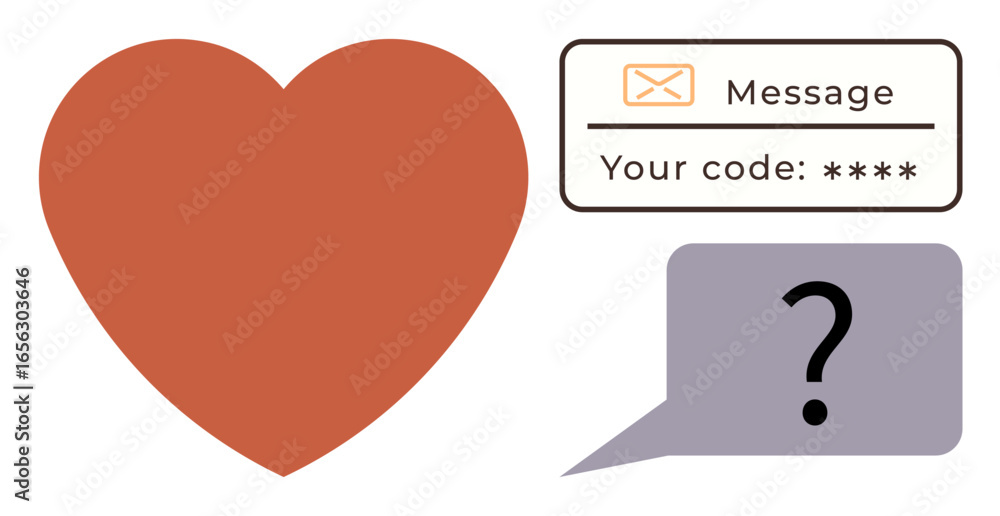 Aufkleber red heart symbol, secure verification message with code, speech bubble containing question mark. ide
