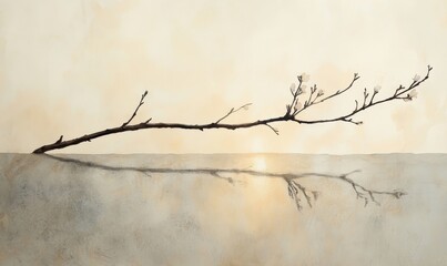 Painting of light reflecting on a wall with a branch, rendered in watercolor pastel colors and minimalist style, providing an elegant and simple backdrop for a calming, neutral ambiance, Generative AI