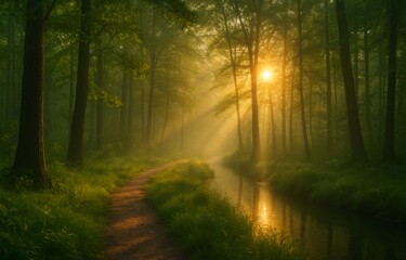 Fototapeta premium Misty Morning Forest Landscape with Sunlight Rays Through Trees