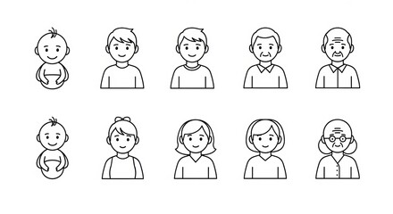 Diverse group of people representing different ages and genders, illustrating life stages and family connections.