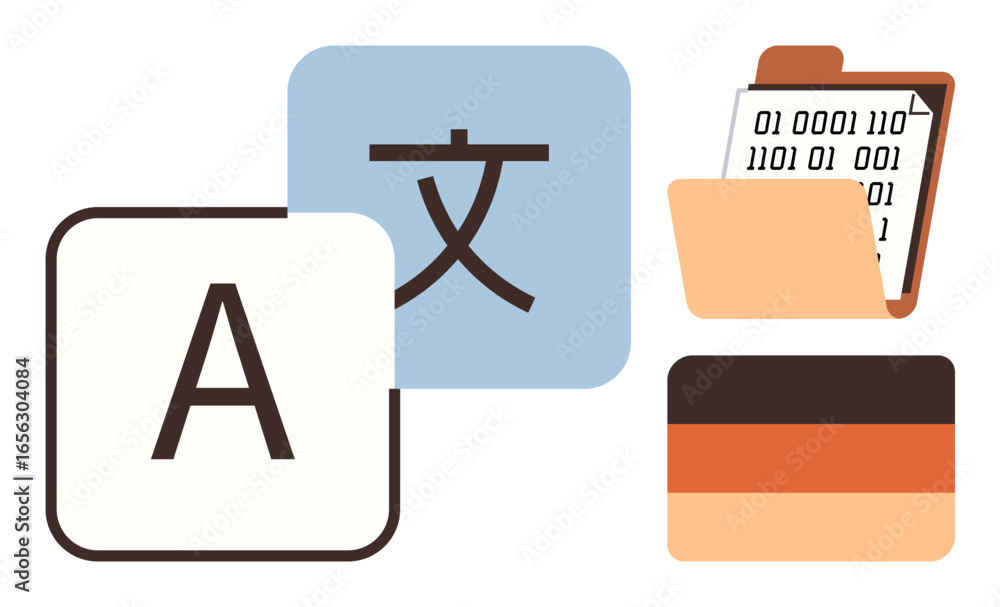 Poster alphabet and language characters with open code file, file folder, and flag elements portraying mult