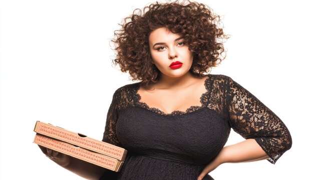 Plus-size woman holding pizza boxes with a confident expression  