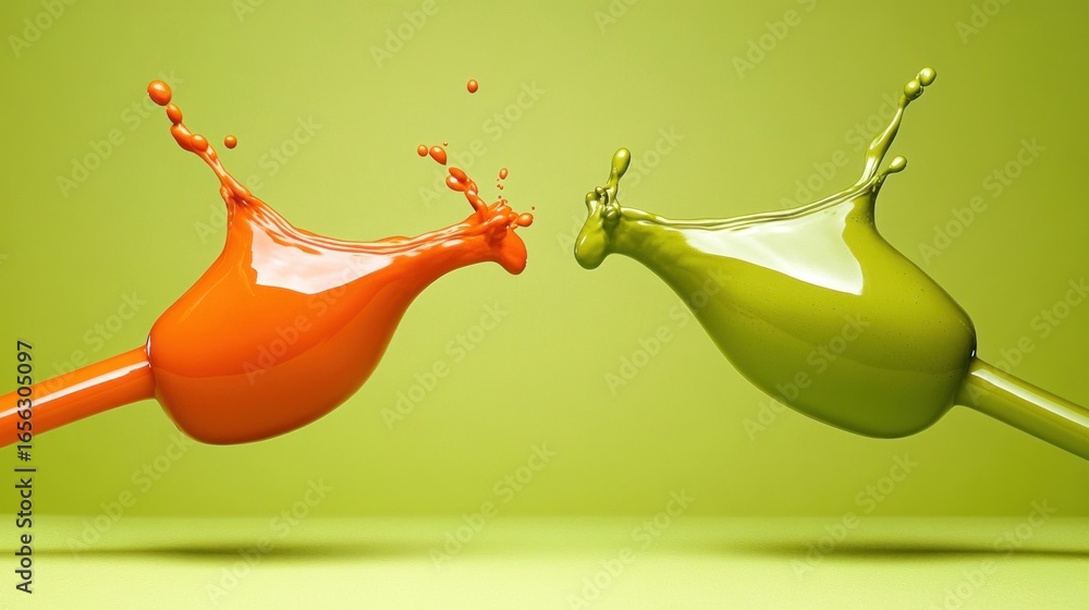 Poster vibrant liquid colors clash in a dynamic splash against a green backdrop in studio setting