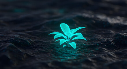Teal Plant Sprouting from Rugged Rock – Vibrant Growth in Harsh Environment Symbolizing Resilience and Renewal