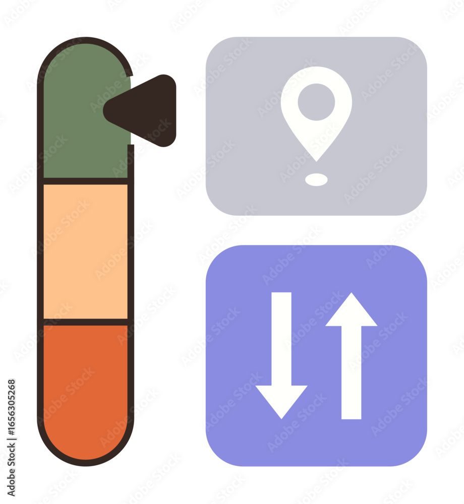 Poster vertical progress bar with green, orange, and red sections, map pin, and bidirectional arrows. ideal