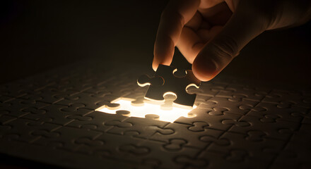 Final Puzzle Piece – Close-Up of Hand Placing Last Piece in Glowing Puzzle, Symbolizing Achievement and Completion