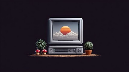 Nostalgic Retro Television with Sunset and Plants in Background