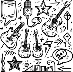 Fototapeta premium Black and white line art doodle icon set of music star theme, punk rock style. Hand-drawn sketch of guitar, microphone, skull, graffiti star shapes, arrows, crown, and speech bubbles 9