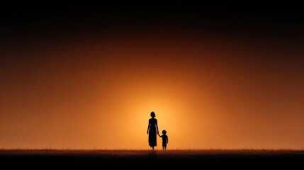 Fototapeta premium Mother and Child Silhouette at Sunset in Warm Orange Glow
