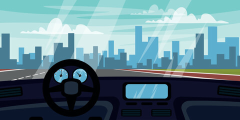 Vector illustration of a beautiful view of the city from inside a car.Cartoon scene inside a car, steering wheel, glass, modern buildings of various shapes, sizes, asphalt, road,sky with white clouds.
