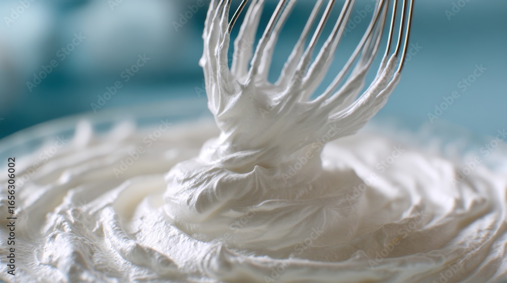 Poster Medium shot of whisked egg whites being folded into a mixture centered focus on the whisk motion and airy texture background softly out of focus.