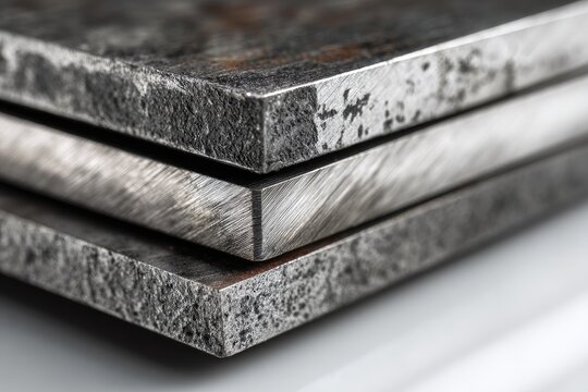 Close-up of layered metal sheets, exhibiting variations in surface texture and color