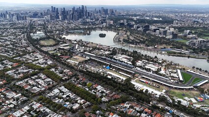 Formula 1 qualifying at Albert Park Melbourne Australia  aerial view of race track and crowd