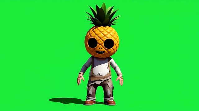 Cartoon Pineapple-Headed Character on Green Screen