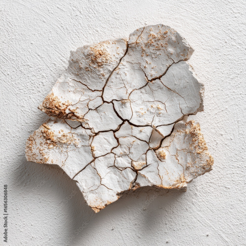 Aufkleber cracked fragment of white dry clay on a minimalist white background displaying texture and natural p