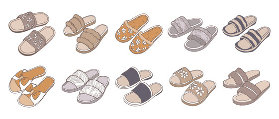 Set of house slippers on a white background. Cozy home slippers. Illustration.