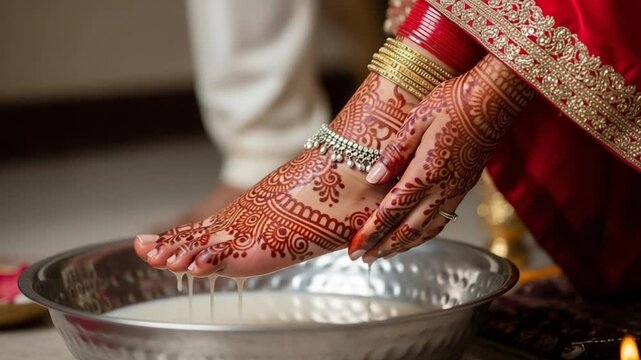 Close Up of Bride Foot with Henna in Milk Bowl Wearing Red Dress and Gold Jewelry during Indian Wedding Ceremony Ritual