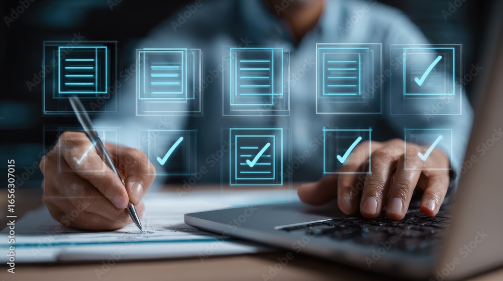 Poster completing tasks efficiently person working on laptop with checklist and checkmarks