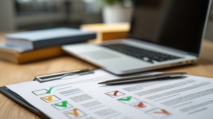 Completed Checklist on Clipboard near Laptop and Books Business Workplace Concept