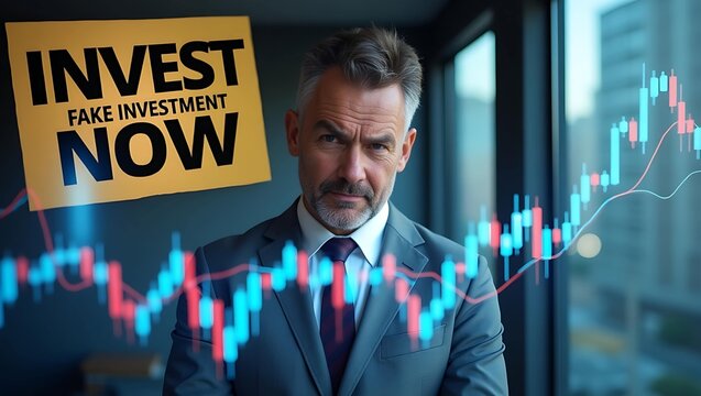 A serious middle-aged Caucasian businessman in a suit, contemplating investment opportunities, with a financial graph background. - Powered by Adobe