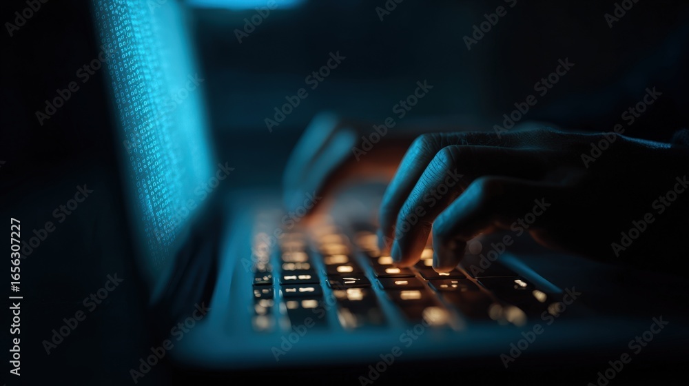 Poster close up of hands typing on laptop keyboard at night with glowing keys and code on screen cybersecur