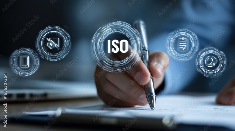 Poster person signing document with iso standard certification hologram and digital icons for quality manag