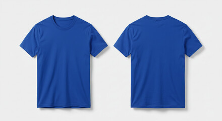 Blank blue t-shirt mockup, front and back view. Plain cotton tee shirt template isolated on a light gray background.