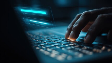 Close up of Hands Typing on Laptop Keyboard with Futuristic Interface Overlay Data Entry and Digital Technology Concept